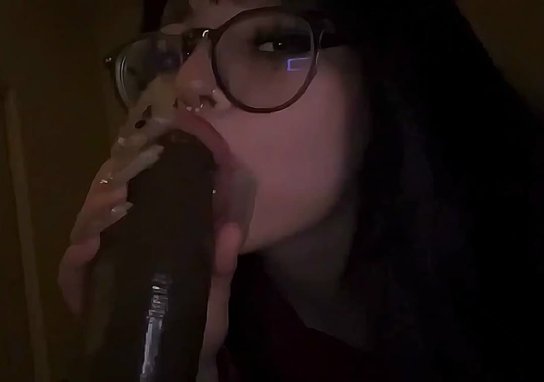Horny and super hot goth with glasses gives a sloppy blowjob to BBC