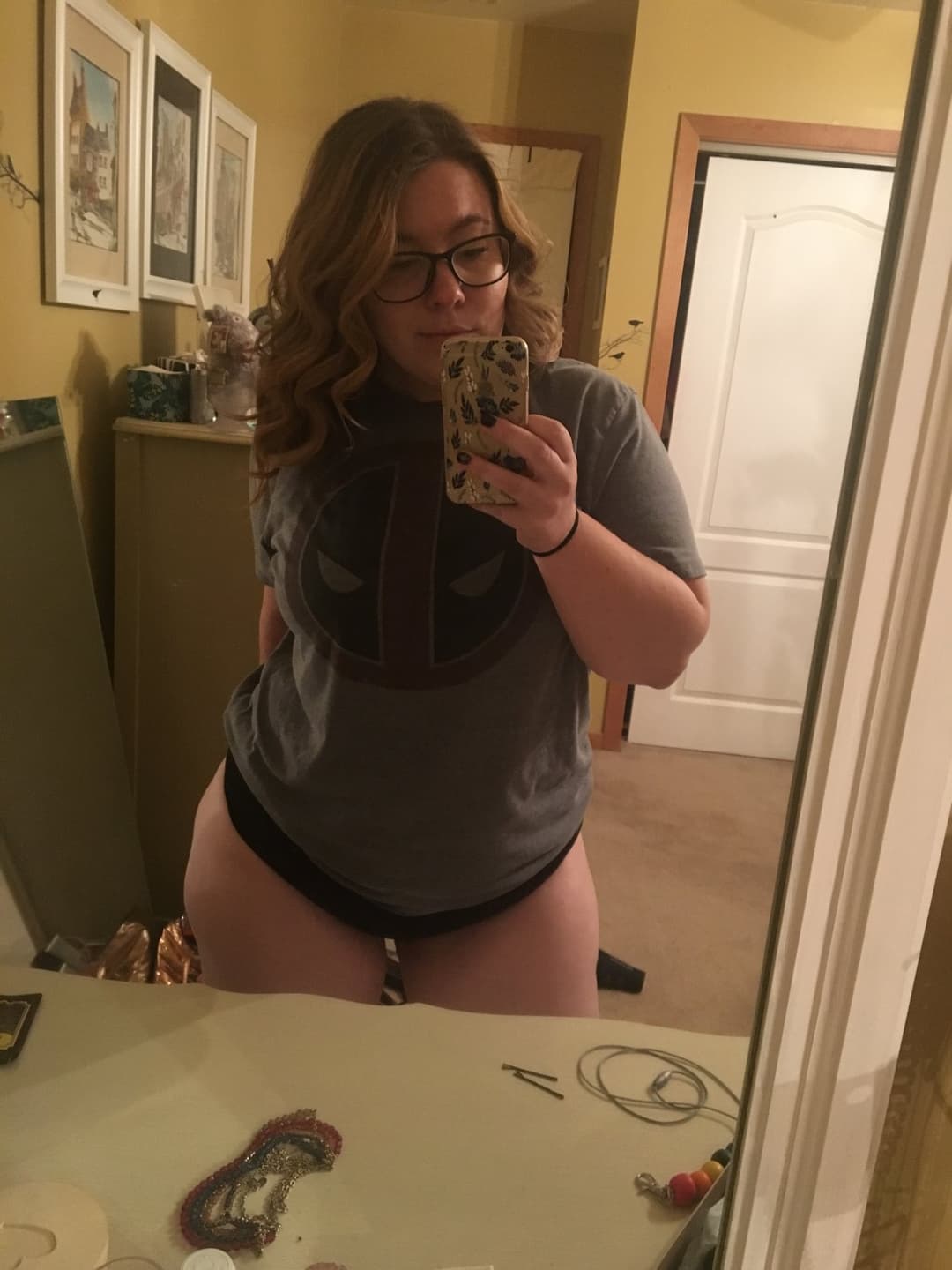 Chubby slut in black thong and underwear