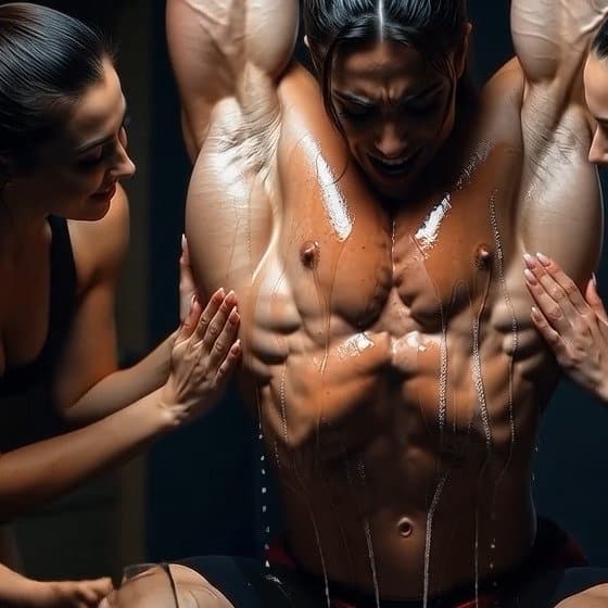 Lesbian champagne bodybuilding shower, pleasures of naked muscle worship