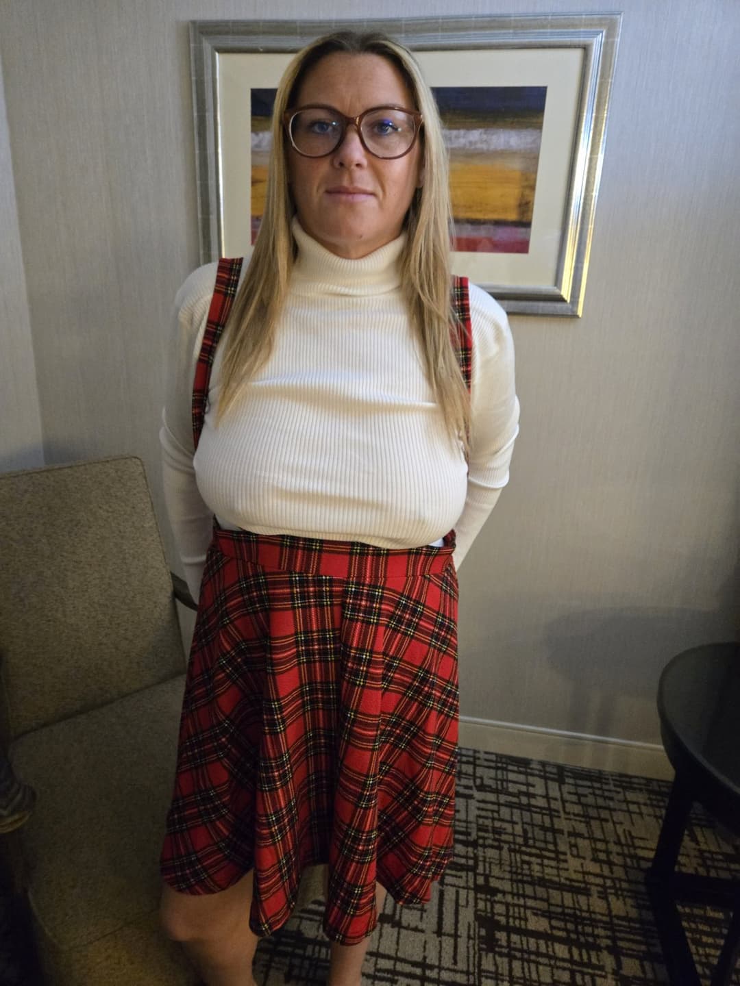 Married neighbor in plaid skirt
