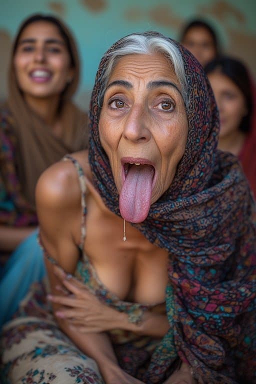 Prompt: Portrait of a 66 year old Iraqi Female/Woman  sticking Her tongue out saliva drippy from her