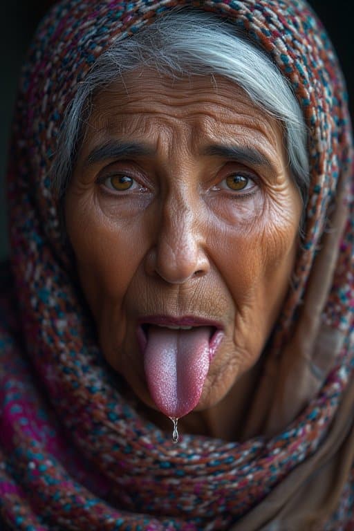 Prompt: Portrait of a 66 year old Iraqi Female/Woman  sticking Her tongue out saliva drippy from her