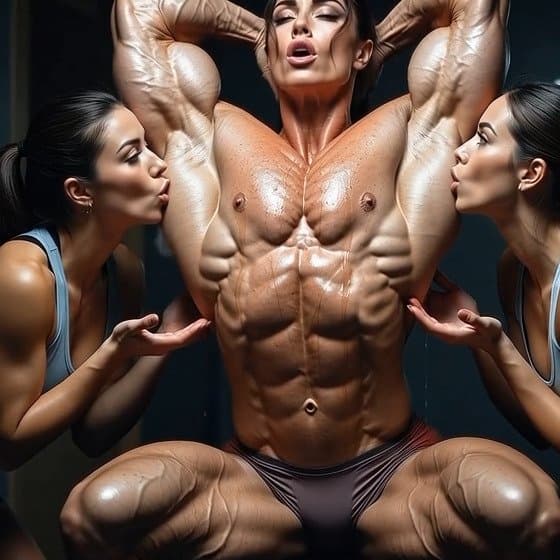 Lesbian champagne bodybuilding shower, pleasures of naked muscle worship