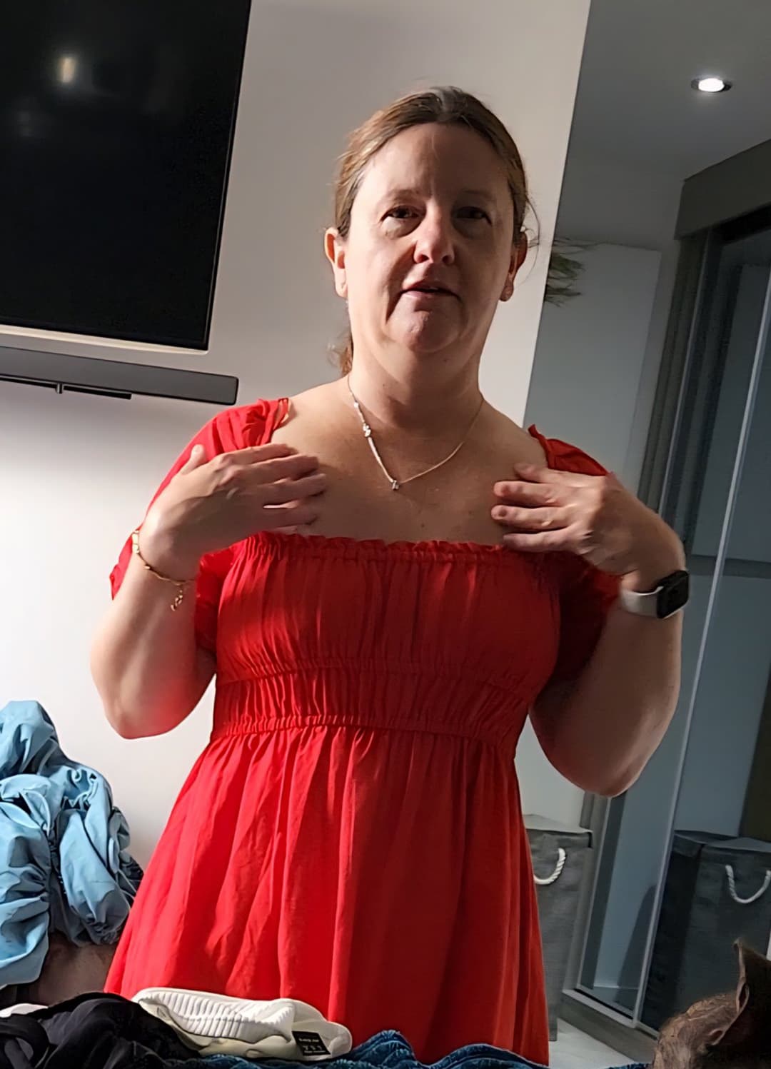 Quick flash of her little milf tits!  Let me know if you want to see her flash in any of our pics!