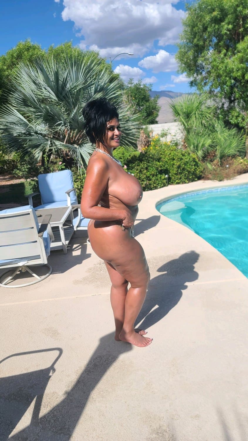 Horny Milf dripping by the pool, craving cock
