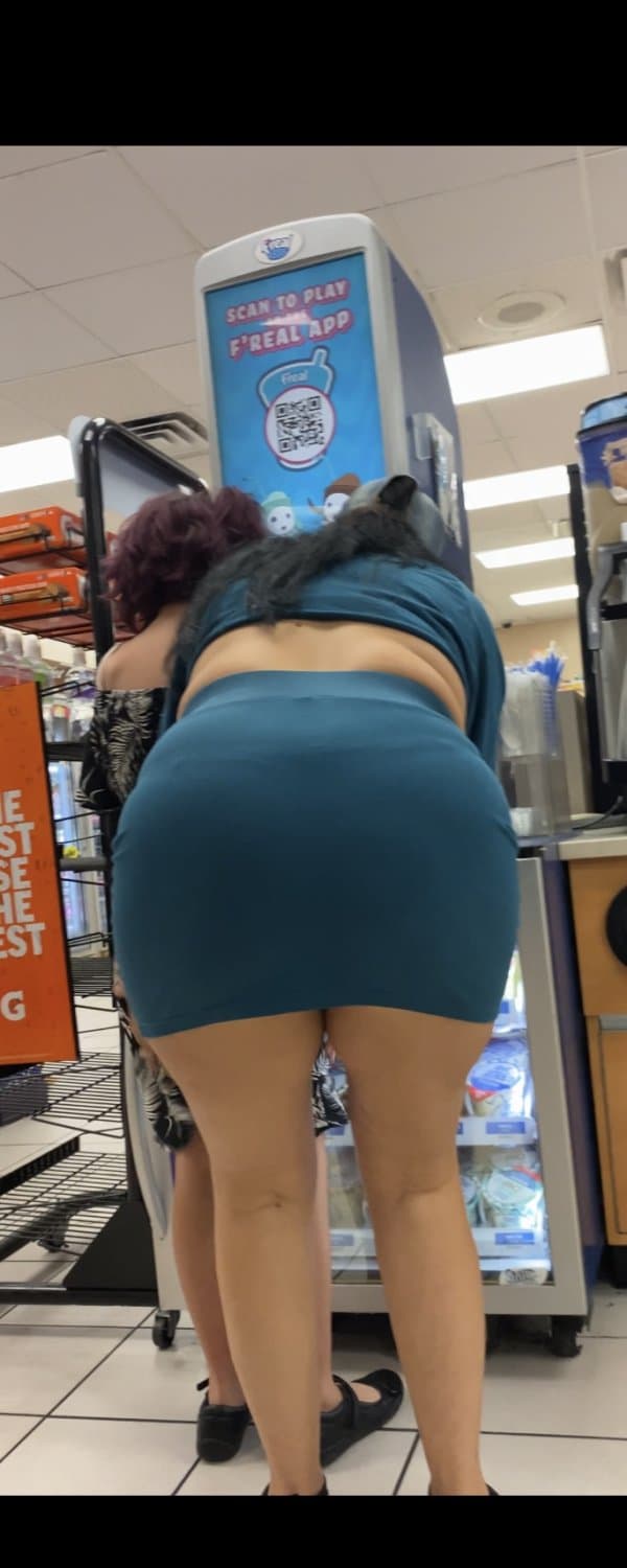 Blue Skirt Bend Over Store Candid
