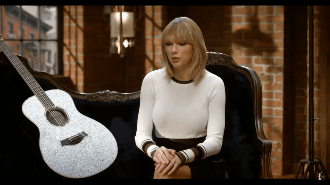 Taylor Swift tight white sweater, leather skirt, leather heels