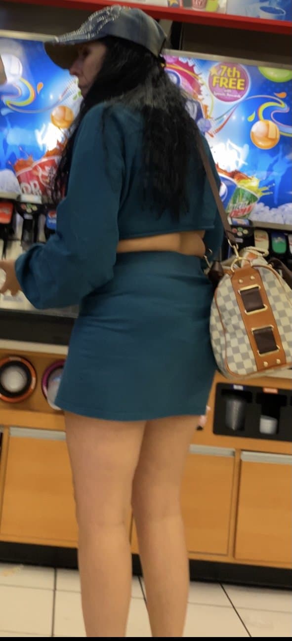 Blue Skirt Bend Over Store Candid