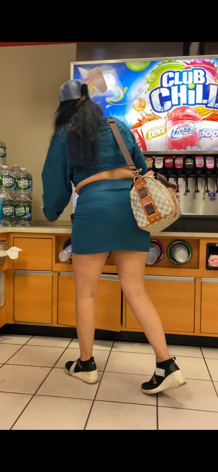 Blue Skirt Bend Over Store Candid