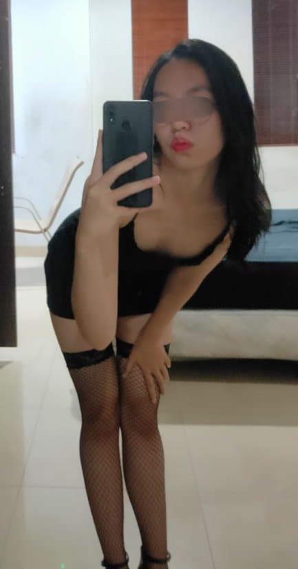 petite asian abby in black strips and spreads her holes