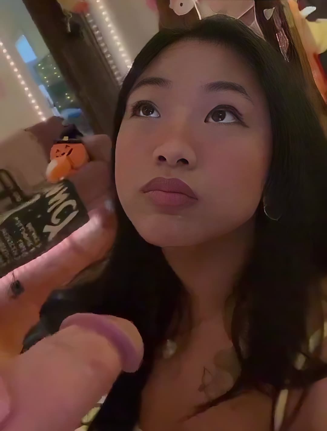 Pretty, hot, and horny Asian brunette loves sloppy blowjobs