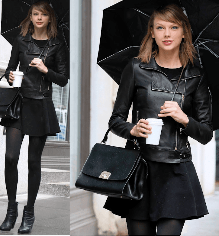 Taylor Swift tight black leather jacket outfit