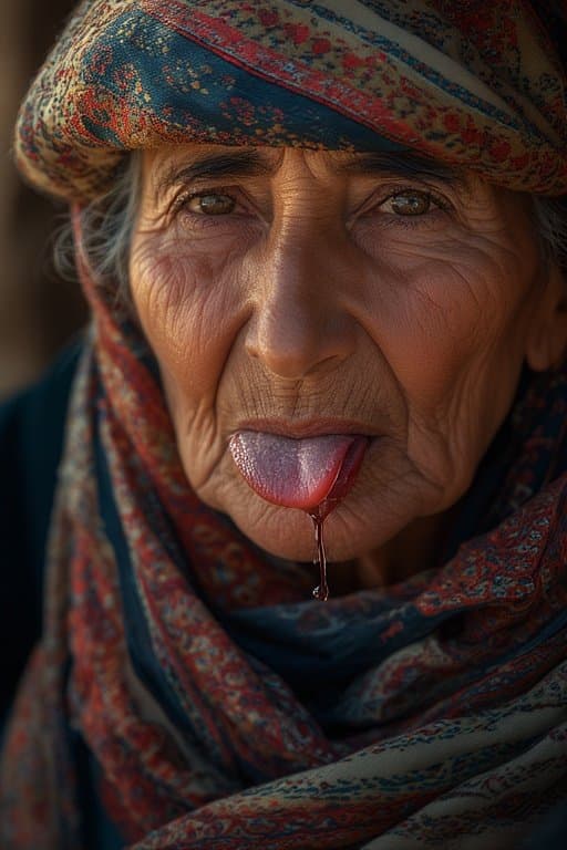 Prompt: Portrait of a 66 year old Iraqi Female/Woman  sticking Her tongue out saliva drippy from her