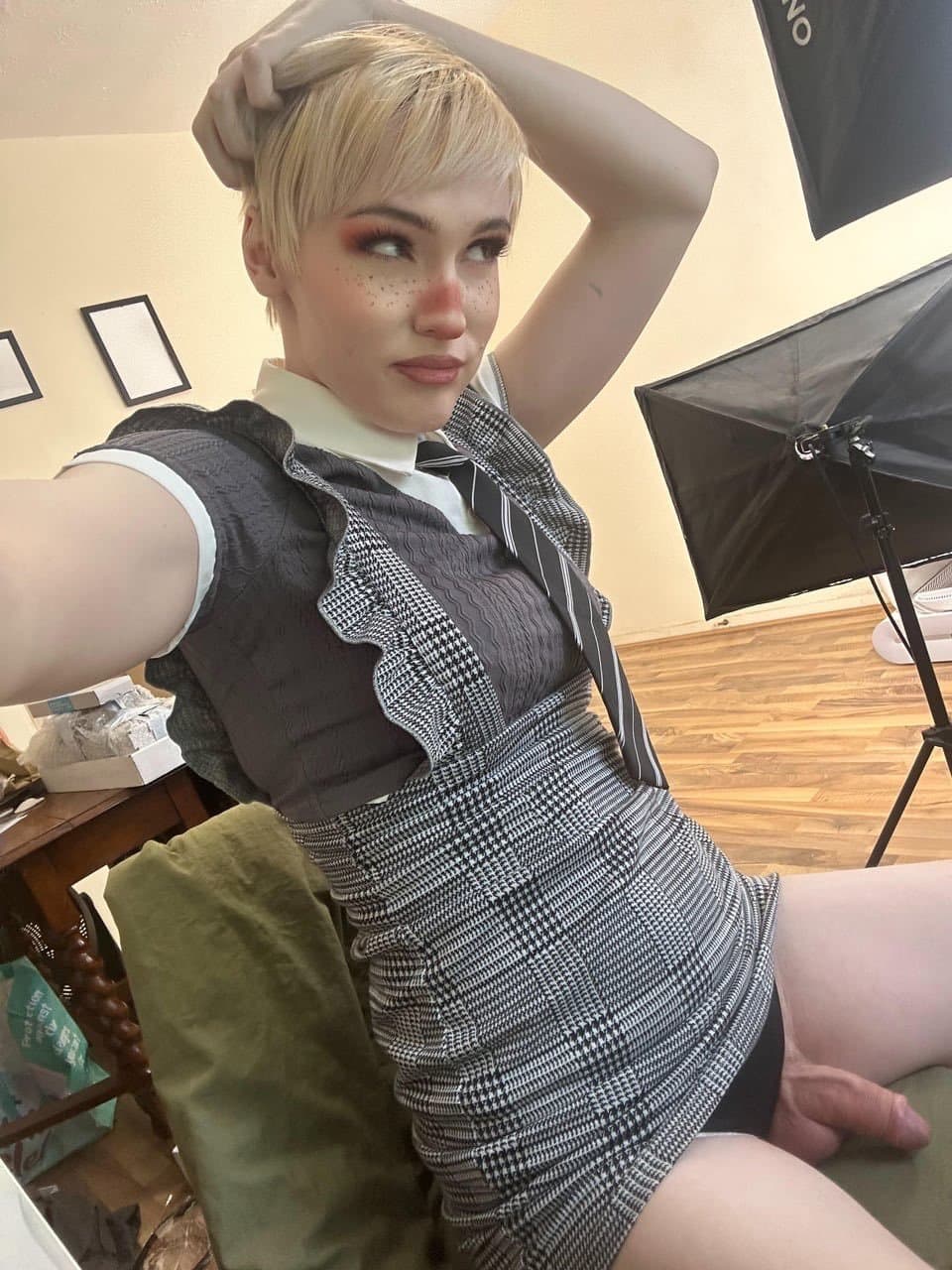 Pretty blonde short hair shemale