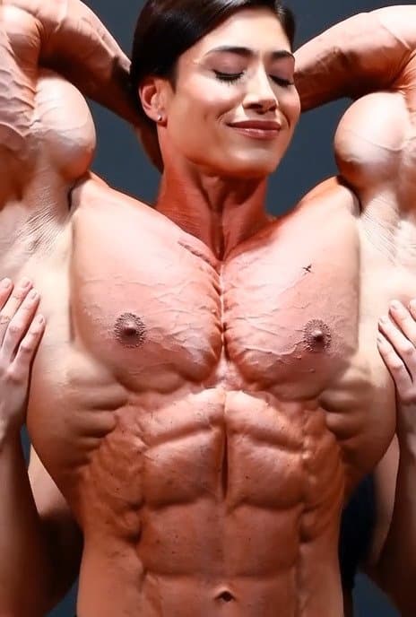 Wild lesbian orgy around her naked roided muscles