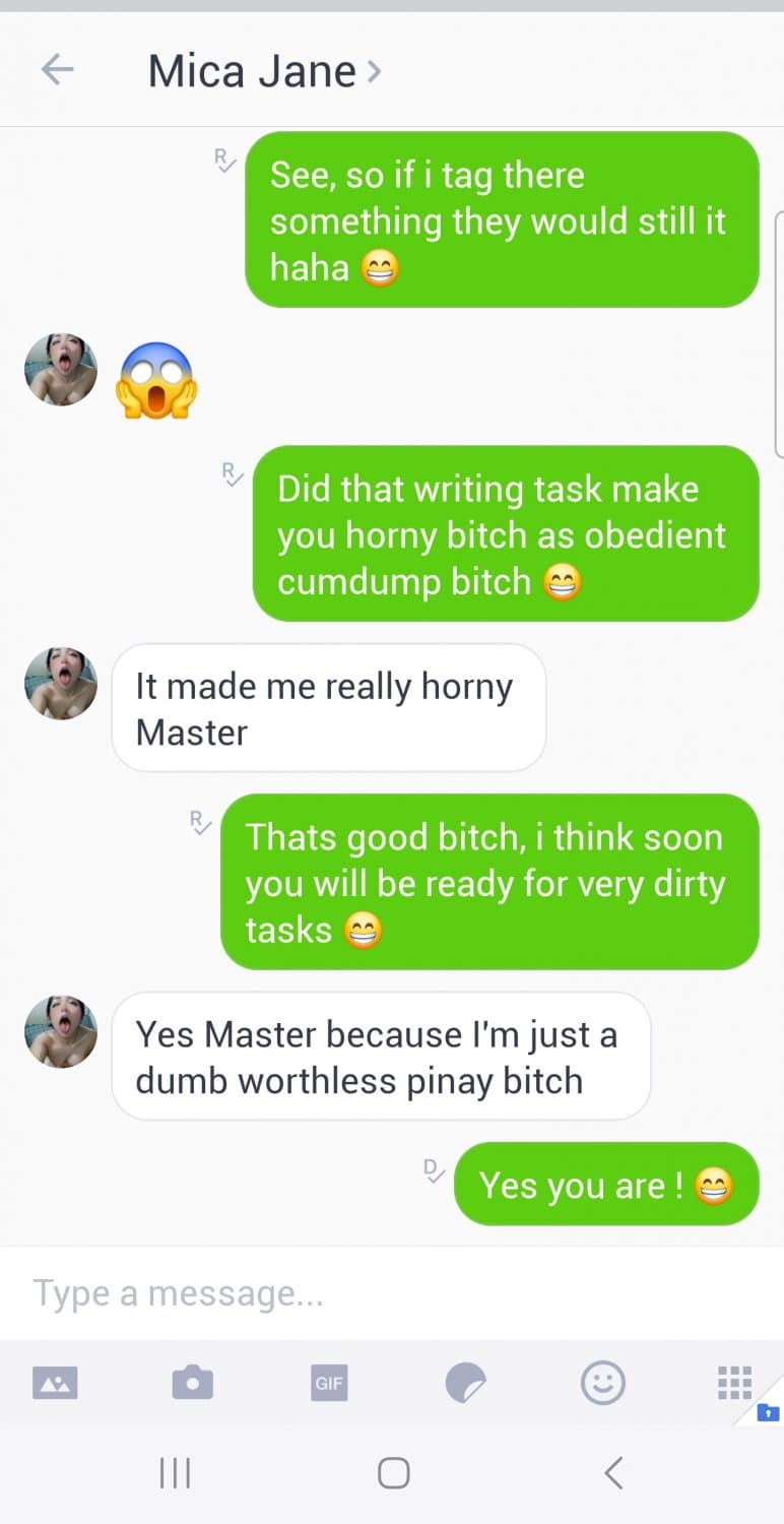 Srupid worthless pinay cumdump bitch Mica doing degrading task on my command ! ?