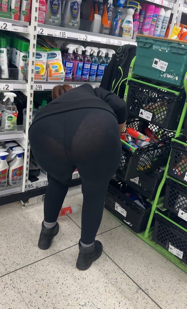 Click to view full size Amazing See-Through Black Leggings VTL Worker! (Bending Over)