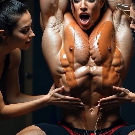 Lesbian champagne bodybuilding shower, pleasures of naked muscle worship