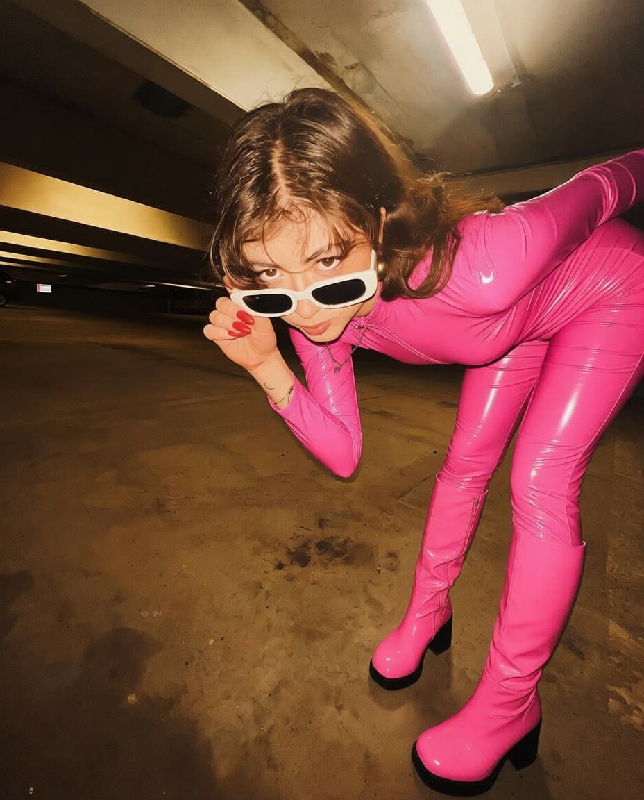 Twitch streamer thewildlatina in a pink vinyl catsuit