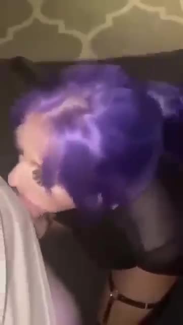 emo purple hair sucking it outside