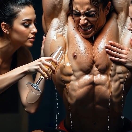 Lesbian champagne bodybuilding shower, pleasures of naked muscle worship