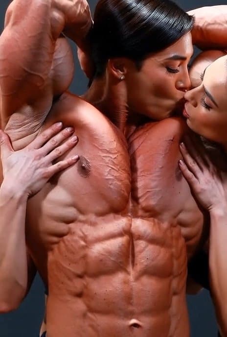 Wild lesbian orgy around her naked roided muscles