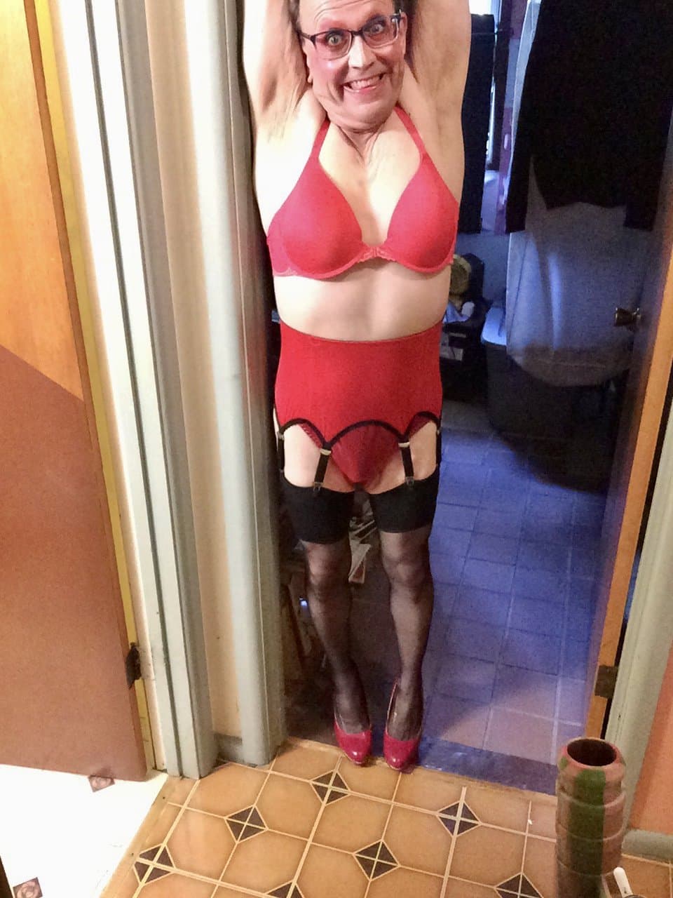 Red garterbelt, red bra and panties