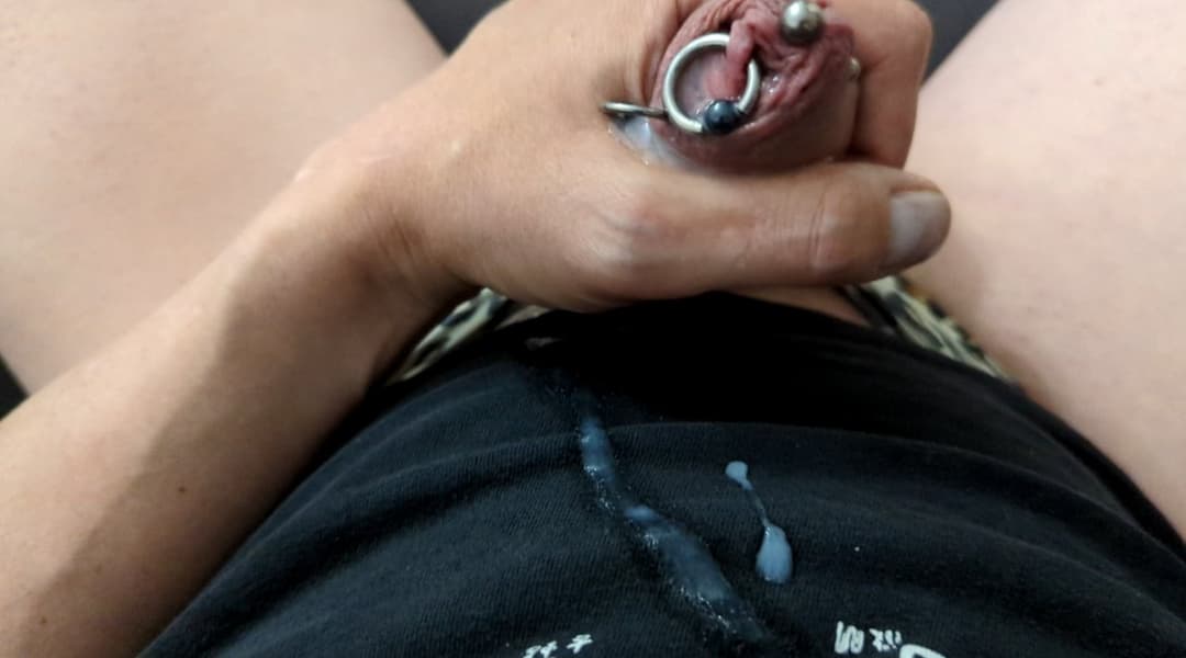 Chronic masturbating loser wanking pierced cock and cumming watching humiliation porn in panties