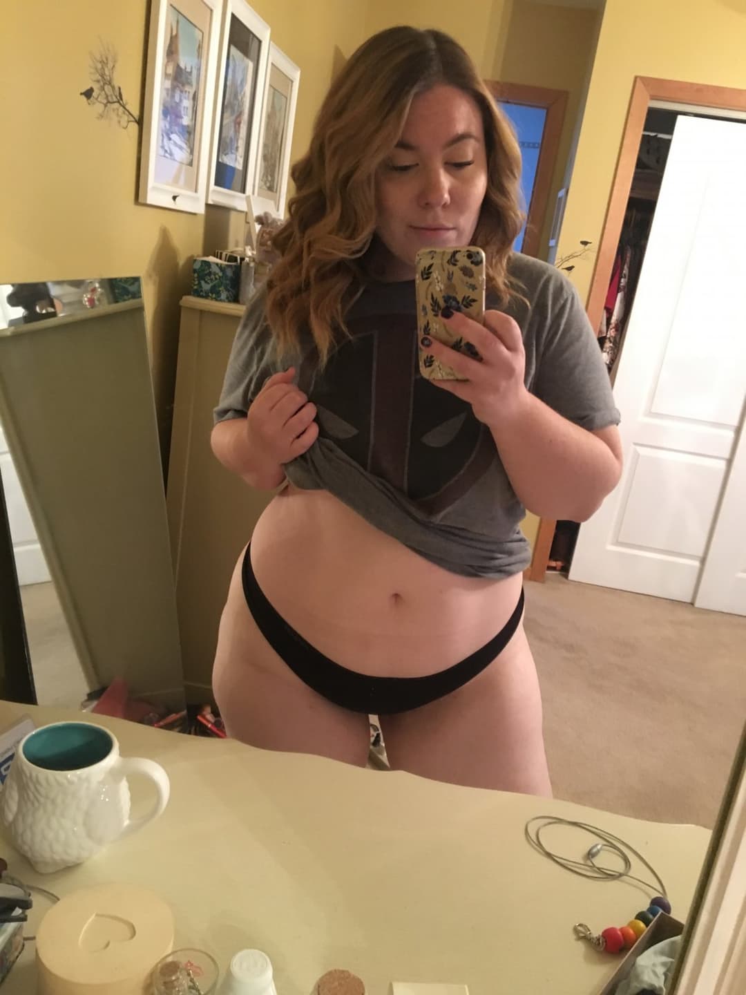 Chubby slut in black thong and underwear