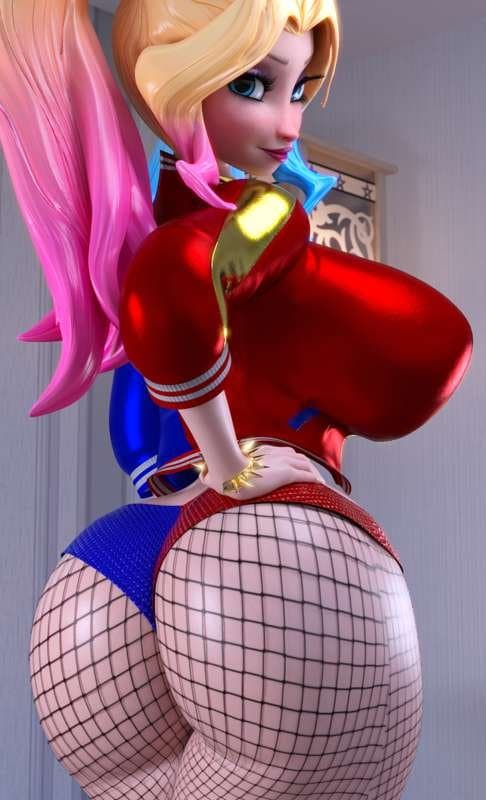 3D Elsa Harley Quinn cosplay with fat tits and juicy thick ass