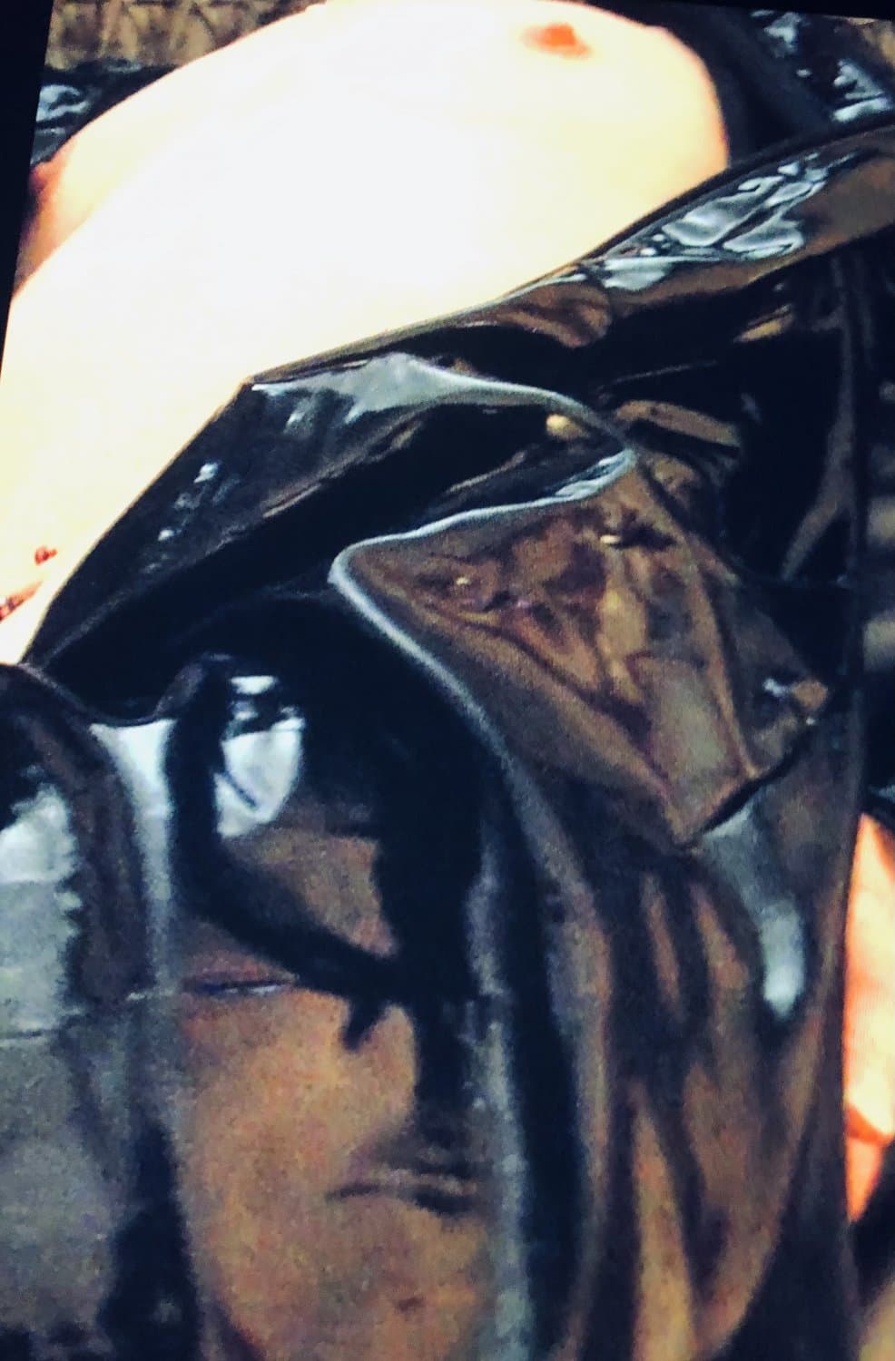 English biker milf lace & pvc tied up and stripped in red lace panties and black pvc catsuit