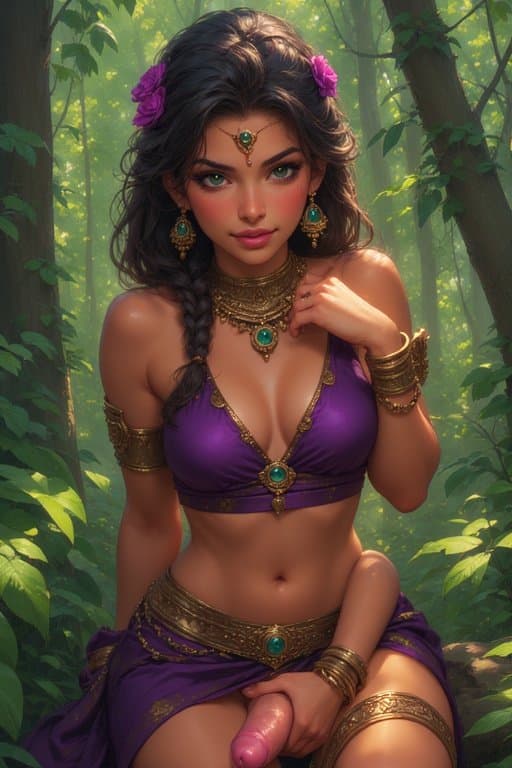 strong brown skin native american women with two large hanging Foreskin cocks attached in forest