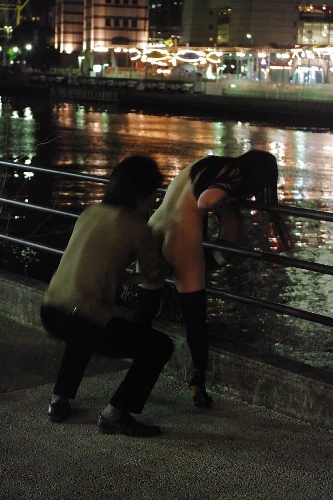 Japanese girl flashing fistfucked with both hands outdoors in public place