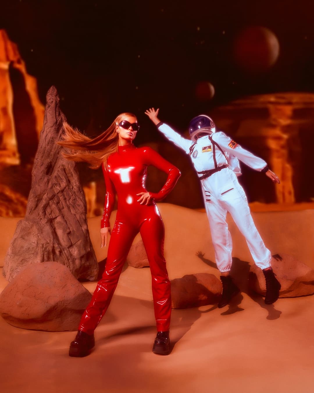 Paris in PVC catsuit