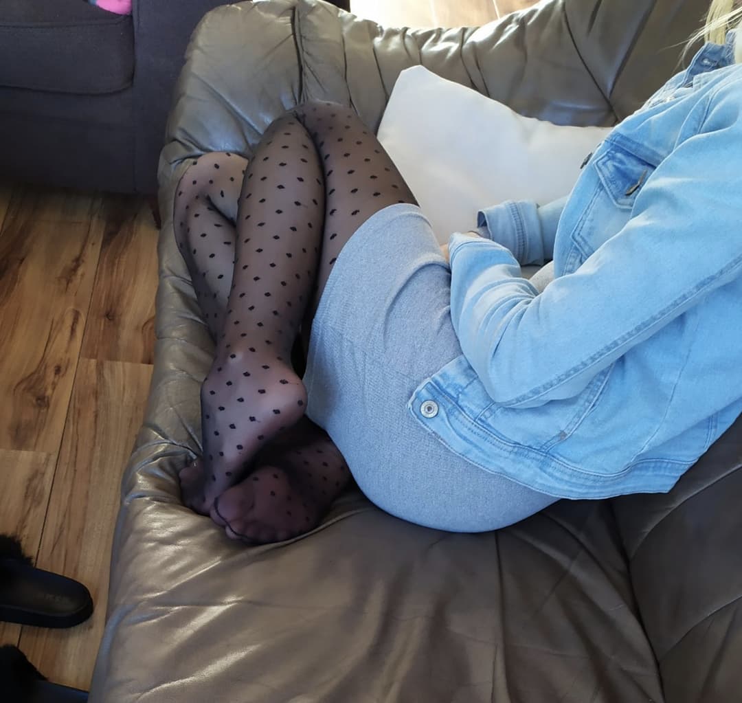 my wife best friend is Hot long legs Blonde with sexy feet in black pantyhose visit us creep shot