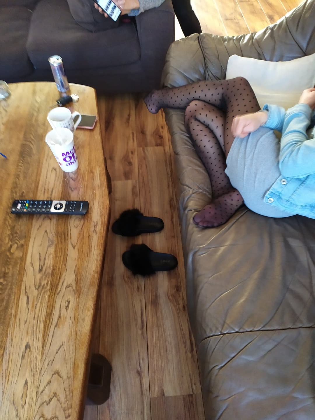 my wife best friend is Hot long legs Blonde with sexy feet in black pantyhose visit us creep shot