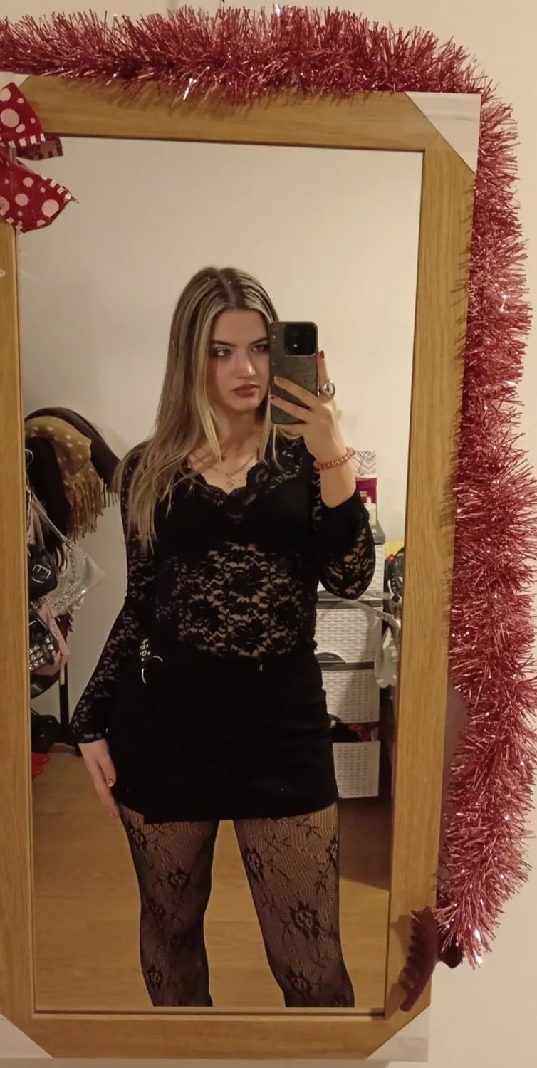 Sexy blonde slut in lacy see-through outfit