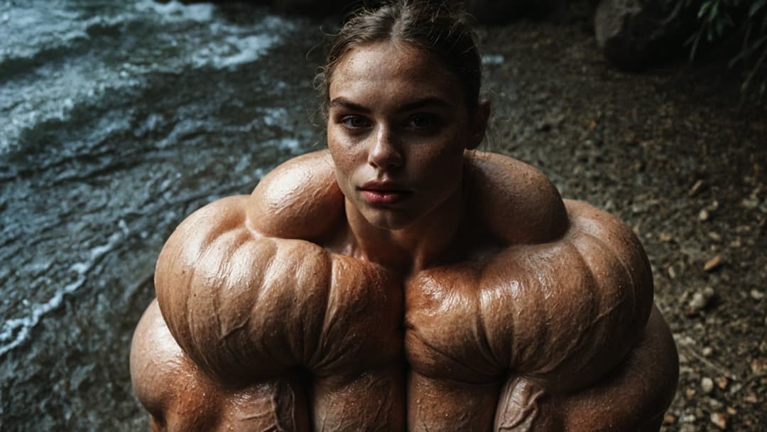 Outrageous bodybuilding nudism, naked hypertrophic muscles in the nature