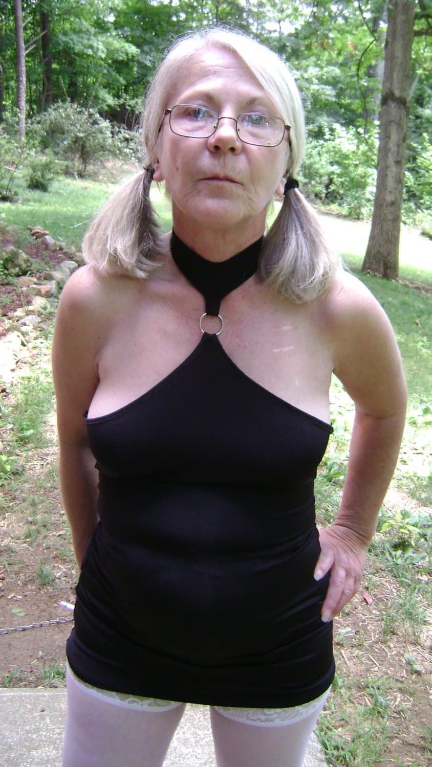 Granny Ellen in her Little Black Dress with White Stockings and Heels, with Pigtails