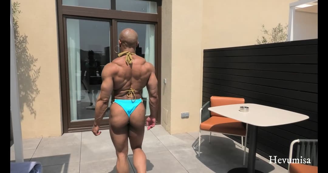 Mrs Menage, just smelling her own roided muscles gives her a powerful orgasm