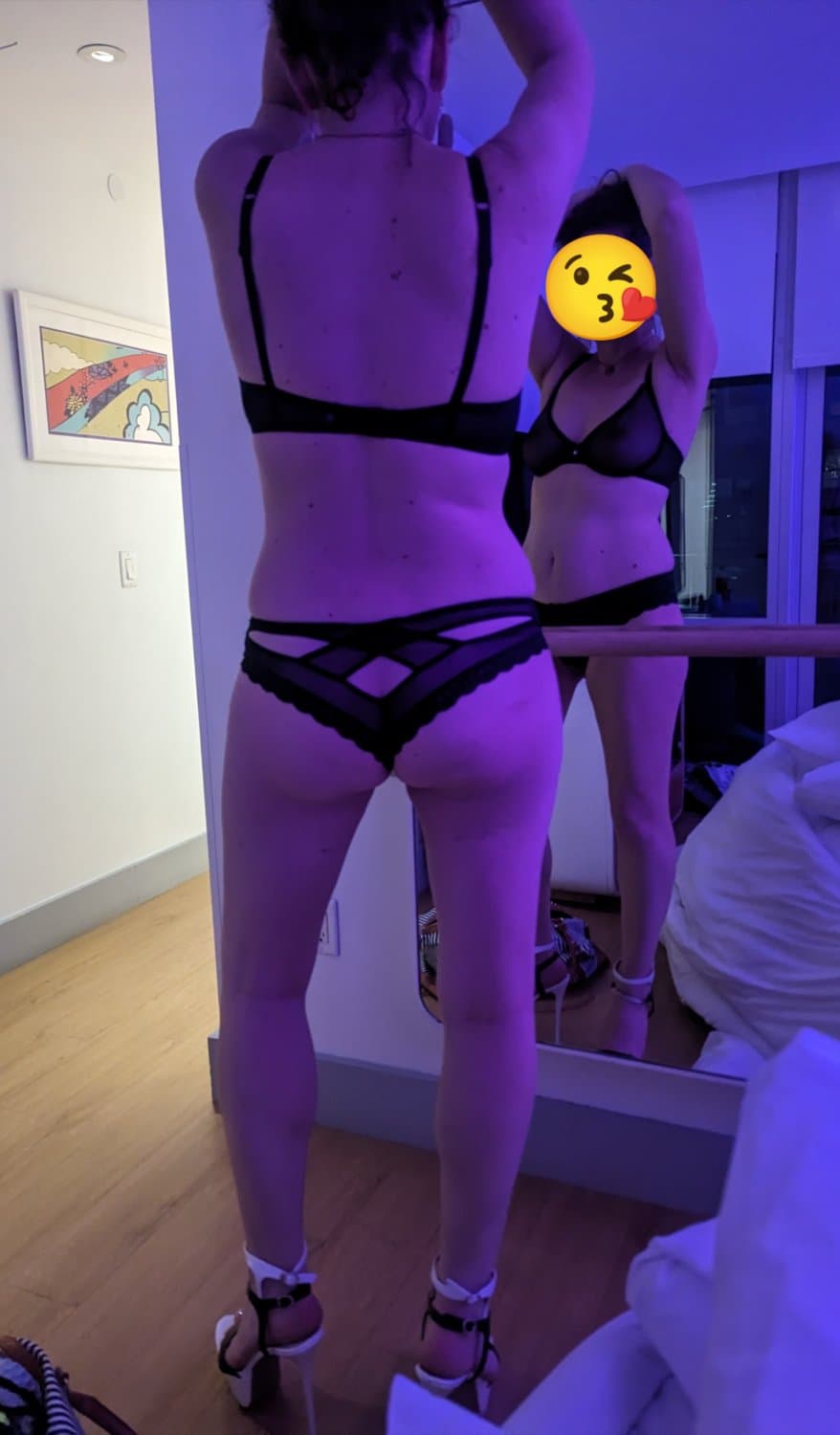 Click to view full size Dirty Blonde hotwife showing tits and ass with her new lingerie while smoke