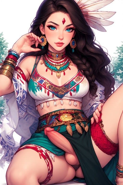 strong brown skin native american women with two large hanging Foreskin cocks attached in forest