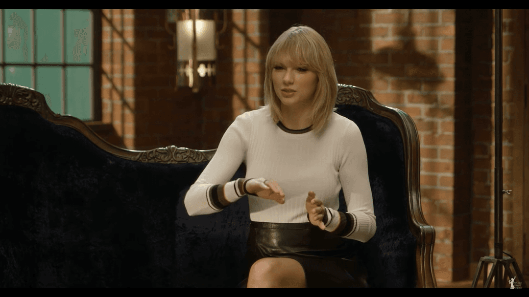 Taylor Swift tight white sweater, leather skirt, leather heels