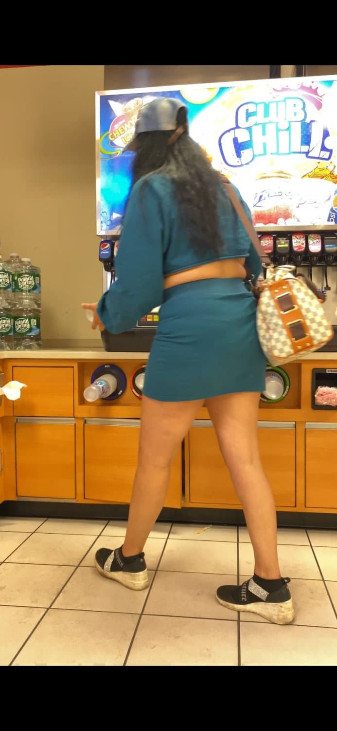 Blue Skirt Bend Over Store Candid