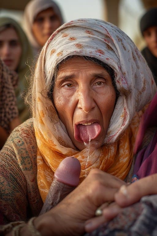 Prompt: Portrait of a 66 year old Iraqi Female/Woman  sticking Her tongue out saliva drippy from her