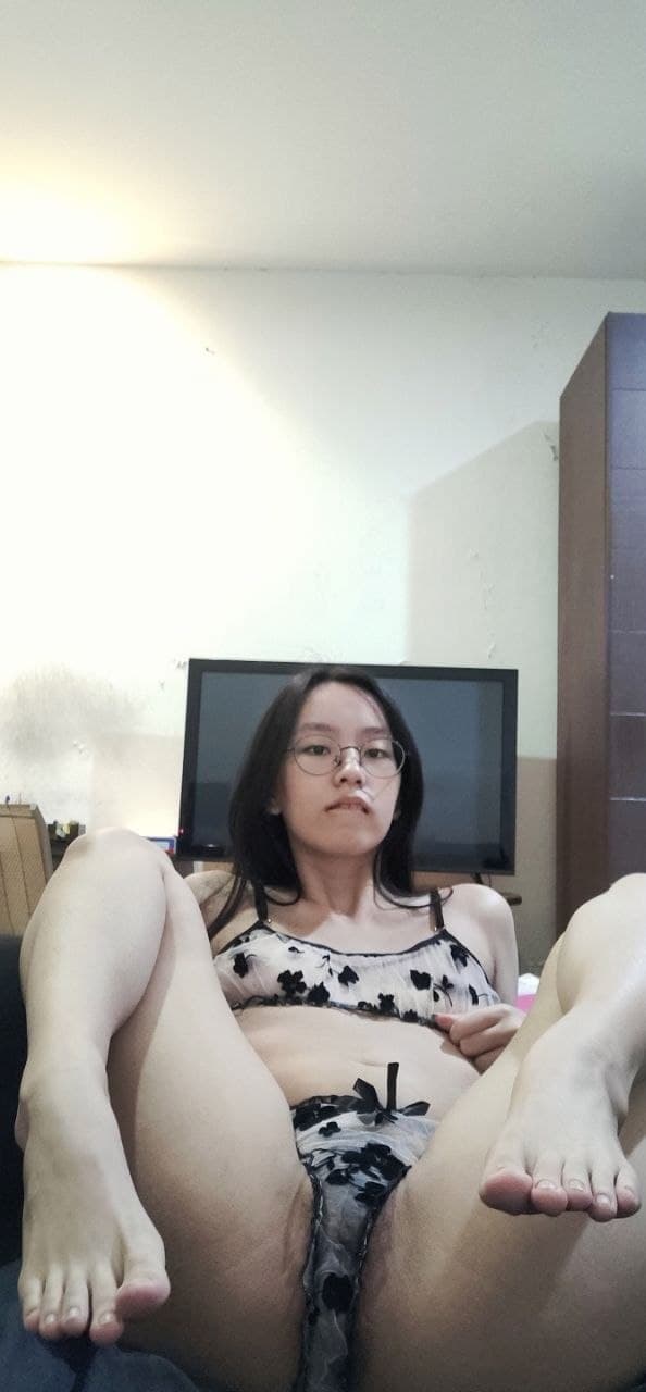 wet and horny asian slut in lingerie strips and spreads her cunt