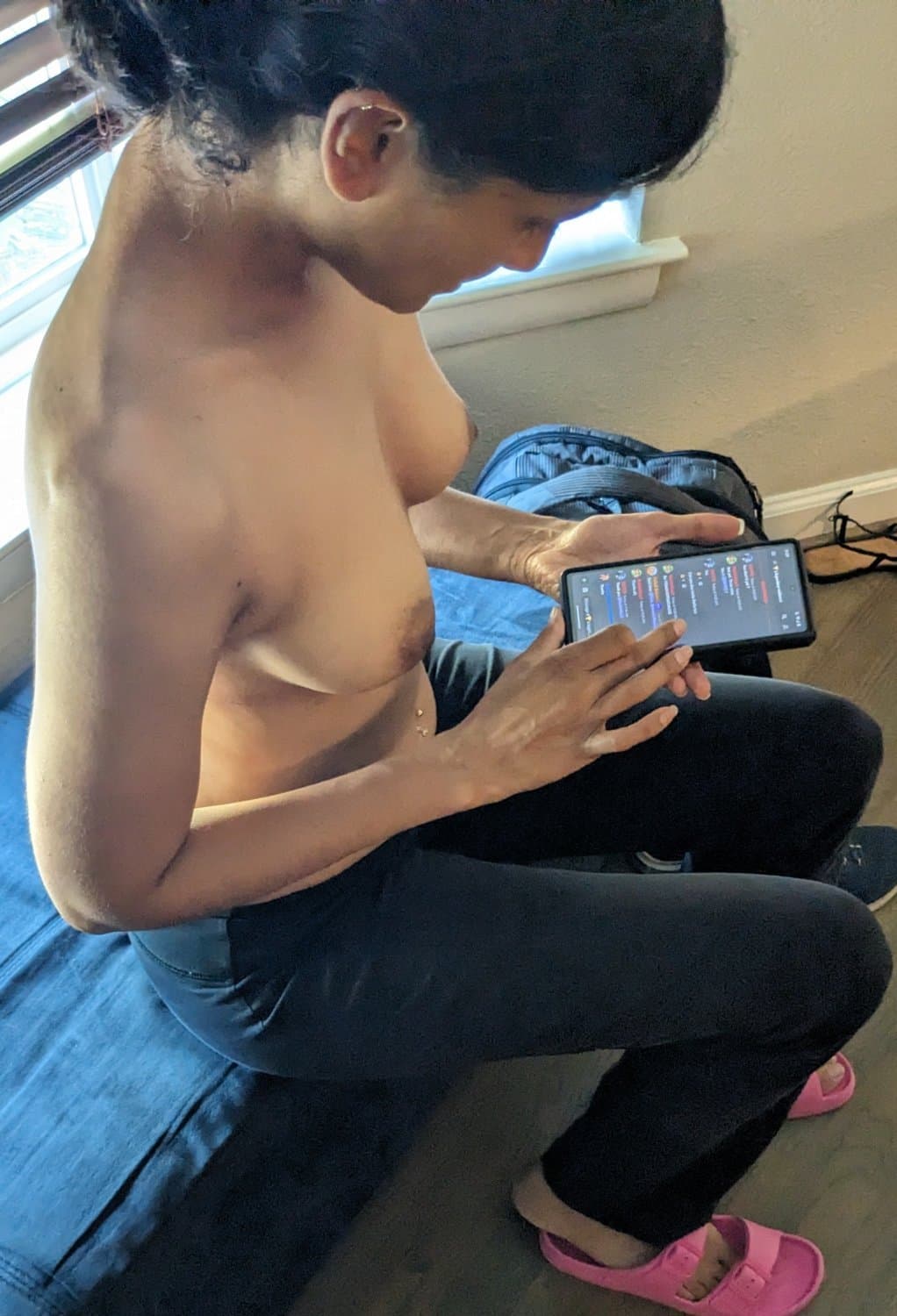 My sexy, slim Desi slut wife, showing off her tight body, toned belly, firm ass, and perky tits