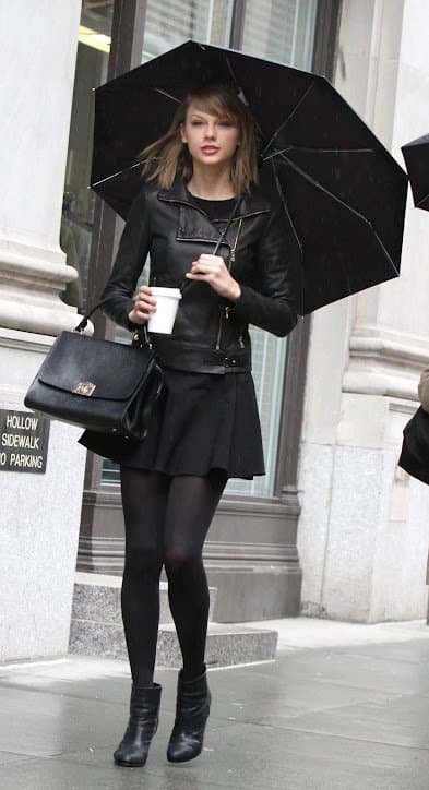 Taylor Swift tight black leather jacket outfit