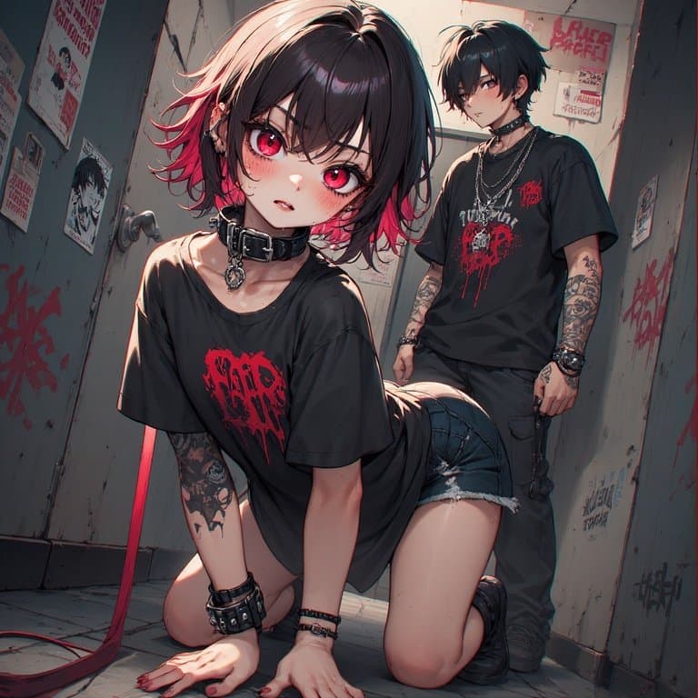 AI Generated Leashed Emo Girl Bathroom Session - Anime