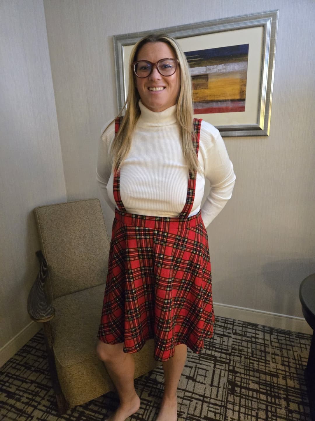 Married neighbor in plaid skirt
